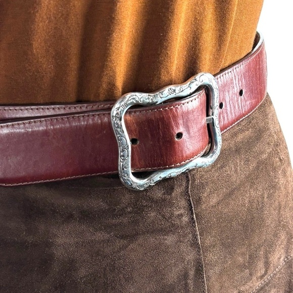 VINTAGE FLORAL ETCHED BUCKLE BROWN TOOLED LEATHER BELT WESTERN BOHO RODEO HIPPIE - Picture 6 of 11